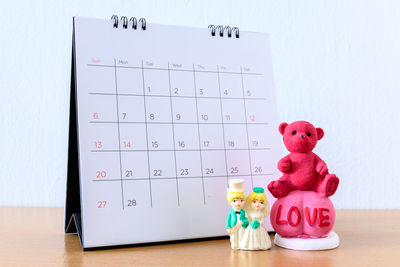 Close-up of toys on table against wall