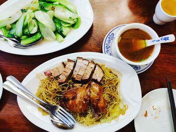 High angle view of meal served on table