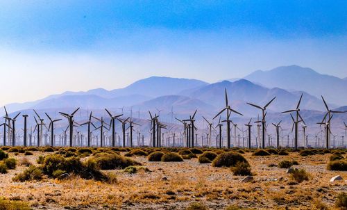 Wind turbines on field against sky