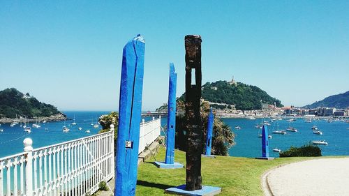 Panoramic view of sea against clear blue sky