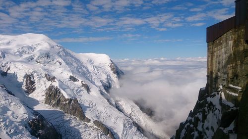 Scenic view of snow covered mountain against cloudy sky