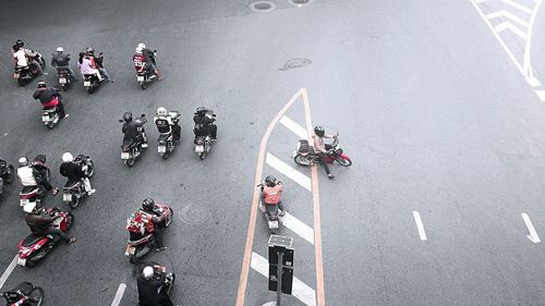 High angle view of motorbikes on road