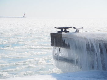 Scenic view of iced lake michigan against clear sky 