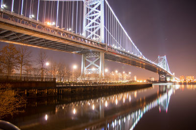 Illuminated bridge over river at night