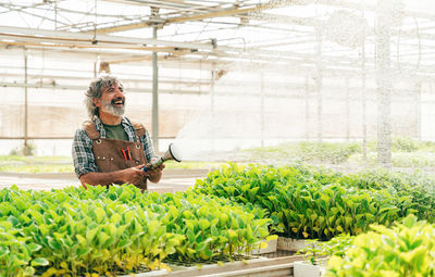 Side view of young woman working in greenhouse