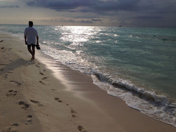 Rear view of man on beach against sky