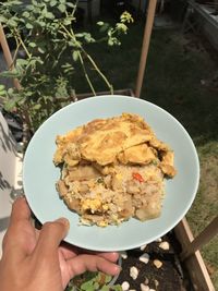 High angle view of person hand holding food