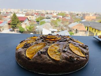 High angle view of food on table in city