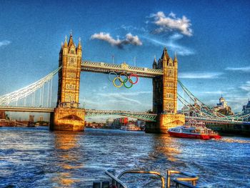 View of suspension bridge over river