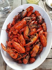 High angle view of seafood in plate on table
