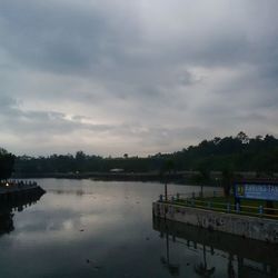 Scenic view of lake against cloudy sky