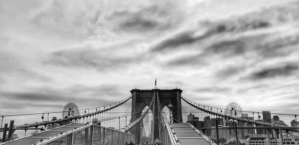 View of suspension bridge against cloudy sky