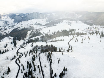 Panoramic view of snow covered mountains against sky