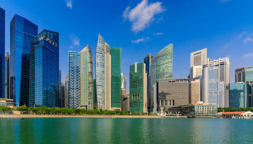 Buildings in city at night
