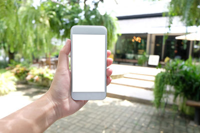 Cropped hand of woman holding smart phone on footpath