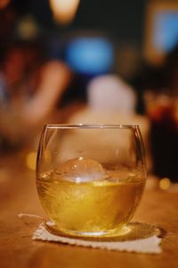 Close-up of beer in glass on table