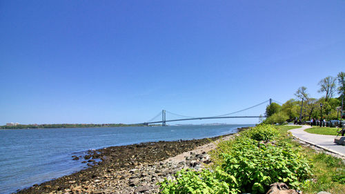 Scenic view of bay against clear blue sky