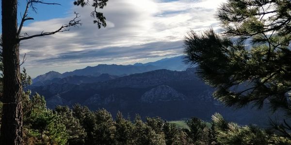 Scenic view of mountains against cloudy sky