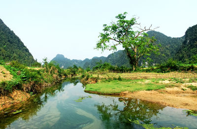 Scenic view of lake and mountains against clear sky