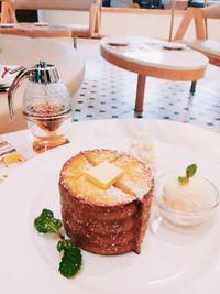 Close-up of cake served on table