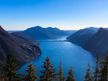 Scenic view of snowcapped mountains against clear blue sky