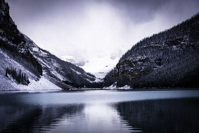 Scenic view of lake and snowcapped mountains against sky