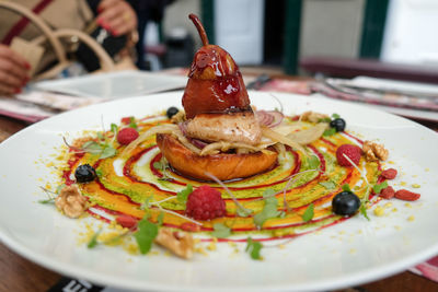 Close-up of food served in plate on table