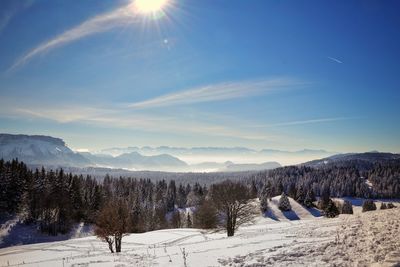 Scenic view of snowcapped mountains against sky