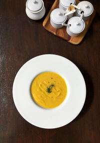 High angle view of tea served on table
