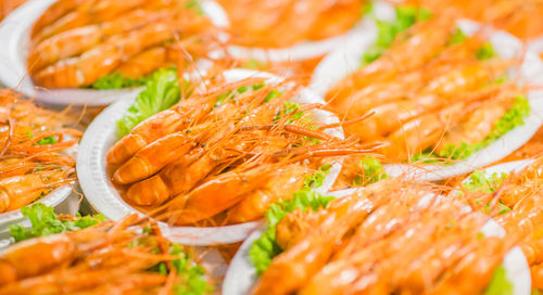 Close-up of fresh seafood in bowls