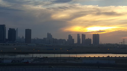City skyline at sunset