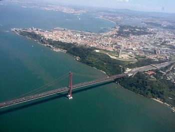 High angle view of suspension bridge over river