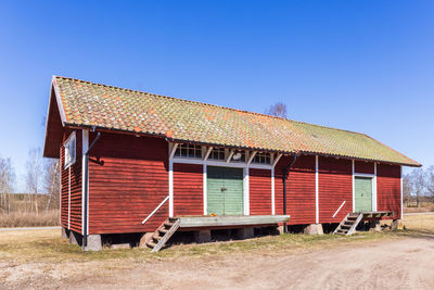 House on field against clear blue sky