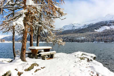 Scenic view of frozen lake by snowcapped mountains against sky