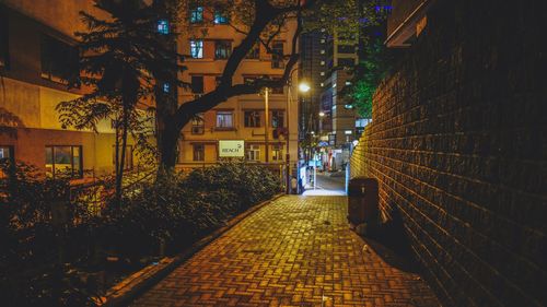 Illuminated footpath amidst buildings at night