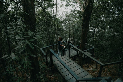 Man walking on staircase in forest