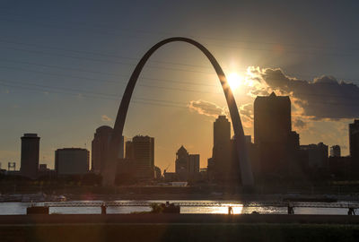 Modern buildings by river against sky during sunset