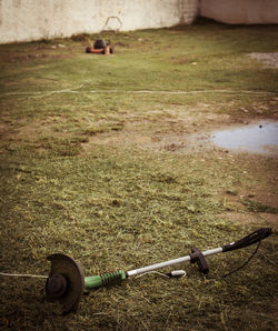 Close-up of toy car on field