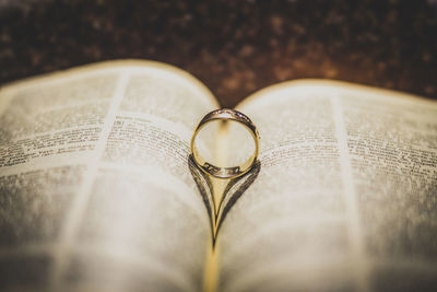 Close-up of ring on book