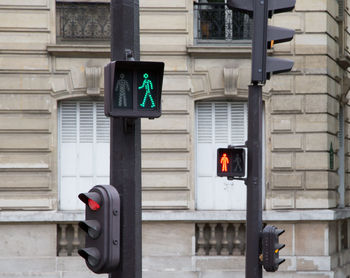 Close-up of traffic signals against the wall