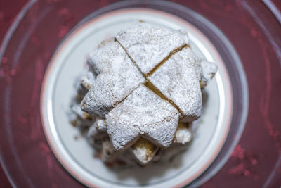 High angle view of cake in plate on table