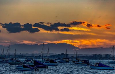 Sailboats moored at harbor against sky during sunset