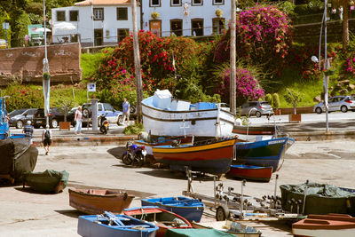 View of boats moored in building
