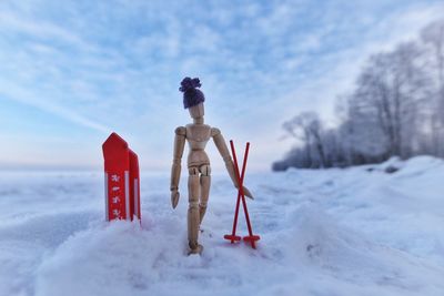 Close-up of figurine on snow covered field