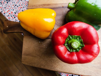 High angle view of bell peppers on cutting board