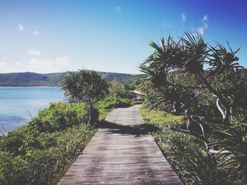 Walkway by sea against sky