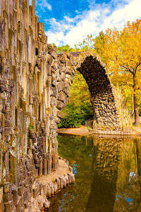 Stone wall with reflection of trees in lake