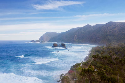 Scenic view of sea and mountains against sky