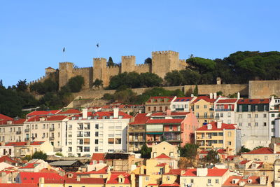 Buildings in city against clear blue sky