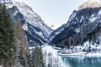 Scenic view of lake by snowcapped mountains against sky